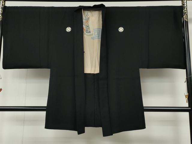 平和屋着物●男性　黒紋付・羽織セット　羽裏：歌舞伎・隈取り　キングサイズ　正絹　逸品　CABG5301ut