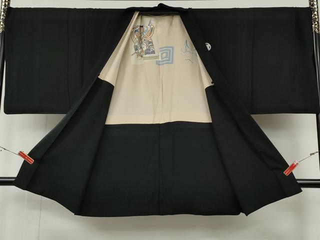 平和屋着物●男性　黒紋付・羽織セット　羽裏：歌舞伎・隈取り　キングサイズ　正絹　逸品　CABG5301ut