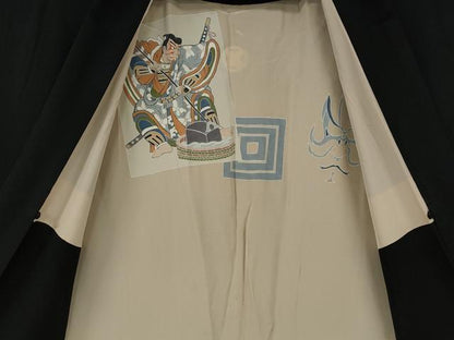 平和屋着物●男性　黒紋付・羽織セット　羽裏：歌舞伎・隈取り　キングサイズ　正絹　逸品　CABG5301ut