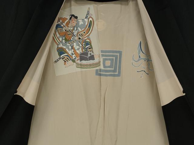 平和屋着物●男性　黒紋付・羽織セット　羽裏：歌舞伎・隈取り　キングサイズ　正絹　逸品　CABG5301ut
