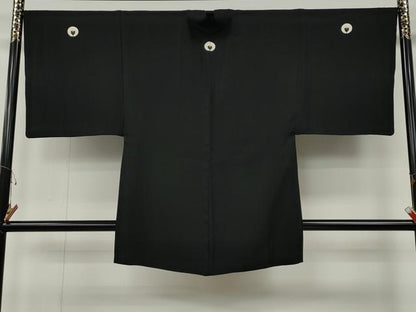 平和屋着物●男性　黒紋付・羽織セット　羽裏：立波文　正絹　逸品　CABG5324ut