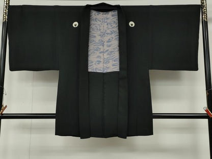 平和屋着物●男性　黒紋付・羽織セット　羽裏：立波文　正絹　逸品　CABG5324ut