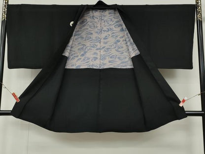 平和屋着物●男性　黒紋付・羽織セット　羽裏：立波文　正絹　逸品　CABG5324ut