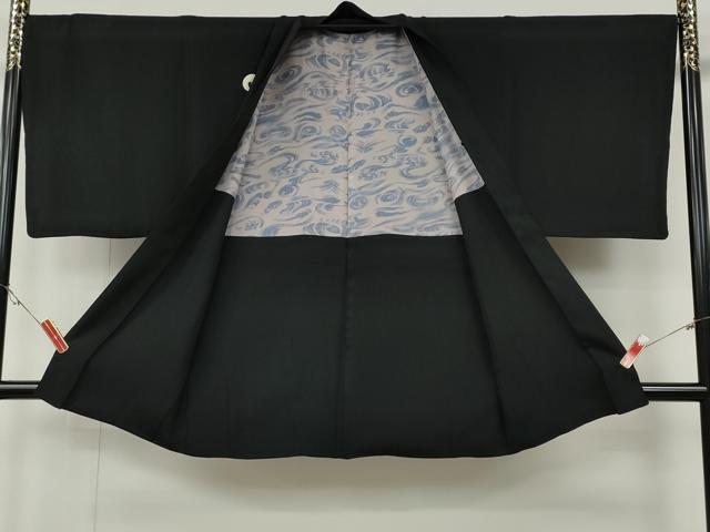 平和屋着物●男性　黒紋付・羽織セット　羽裏：立波文　正絹　逸品　CABG5324ut