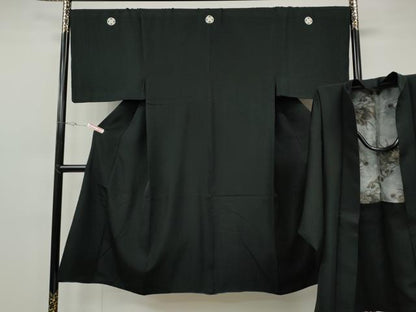 平和屋着物●男性　黒紋付・羽織セット　羽裏：龍　正絹　逸品　CABG5325ut