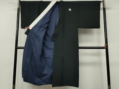 平和屋着物●男性　黒紋付・羽織セット　羽裏：龍　正絹　逸品　CABG5325ut