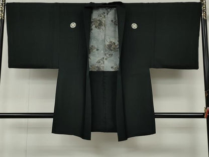 平和屋着物●男性　黒紋付・羽織セット　羽裏：龍　正絹　逸品　CABG5325ut