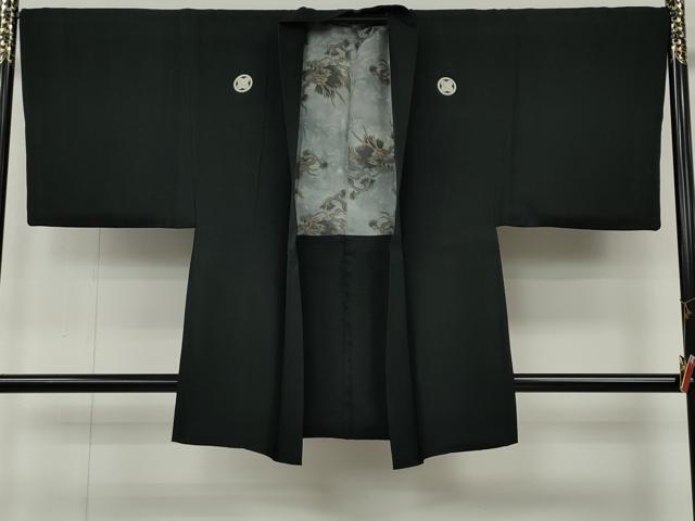 平和屋着物●男性　黒紋付・羽織セット　羽裏：龍　正絹　逸品　CABG5325ut