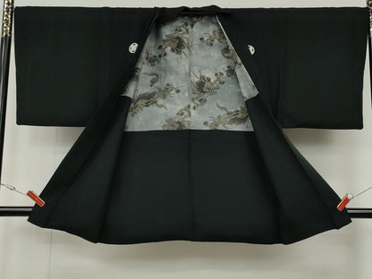 平和屋着物●男性　黒紋付・羽織セット　羽裏：龍　正絹　逸品　CABG5325ut
