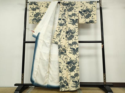 平和屋着物●上質な小紋　藍　型染め　籬花文　鬼しぼ縮緬　正絹　逸品　CABG5337ut