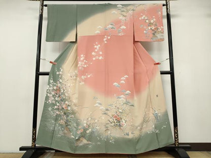 平和屋着物●十日町友禅作家　松雨　訪問着　流水飛鳥草花文　暈し染め　金銀彩　正絹　逸品　CABG5340ut