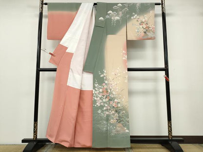 平和屋着物●十日町友禅作家　松雨　訪問着　流水飛鳥草花文　暈し染め　金銀彩　正絹　逸品　CABG5340ut