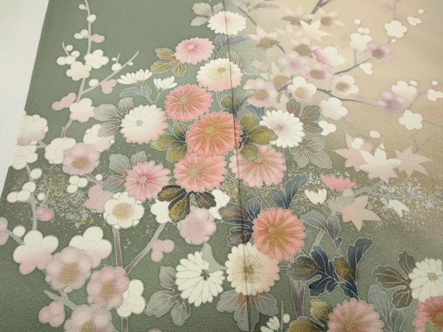 平和屋着物●十日町友禅作家　松雨　訪問着　流水飛鳥草花文　暈し染め　金銀彩　正絹　逸品　CABG5340ut