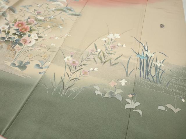 平和屋着物●十日町友禅作家　松雨　訪問着　流水飛鳥草花文　暈し染め　金銀彩　正絹　逸品　CABG5340ut