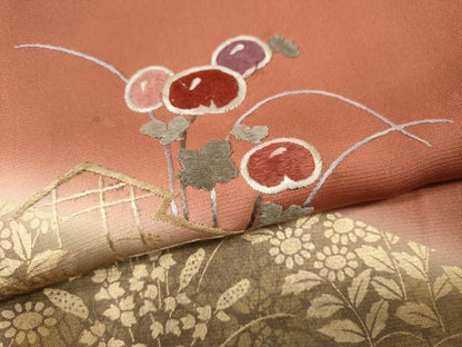 平和屋着物●訪問着　刺繍　松皮菱草花文　暈し染め　金彩　正絹　逸品　CABG5342ut