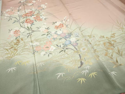 平和屋着物●訪問着　流水草花文　暈し染め　金銀彩　正絹　逸品　CABG5343ut