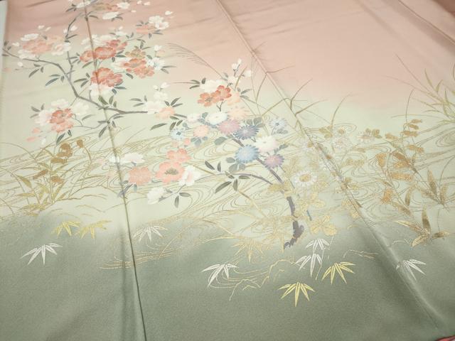 平和屋着物●訪問着　流水草花文　暈し染め　金銀彩　正絹　逸品　CABG5343ut