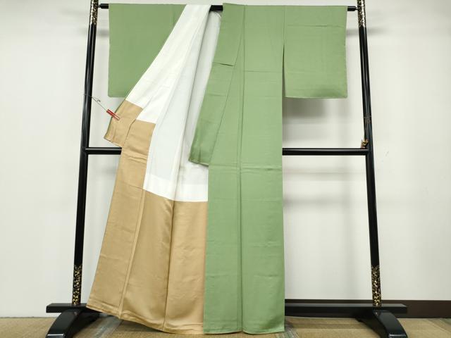 平和屋着物●英王室献上友禅作家　木下勝功監修　色無地　柳色　反端付き　正絹　逸品　CABG5351ut