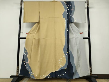 平和屋着物●訪問着　作家物　舞桜文　たたき染め　金通し地　正絹　逸品　CABG5356ut