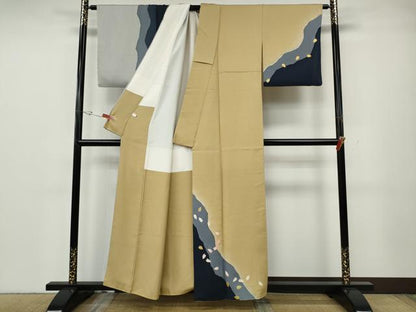 平和屋着物●訪問着　作家物　舞桜文　たたき染め　金通し地　正絹　逸品　CABG5356ut