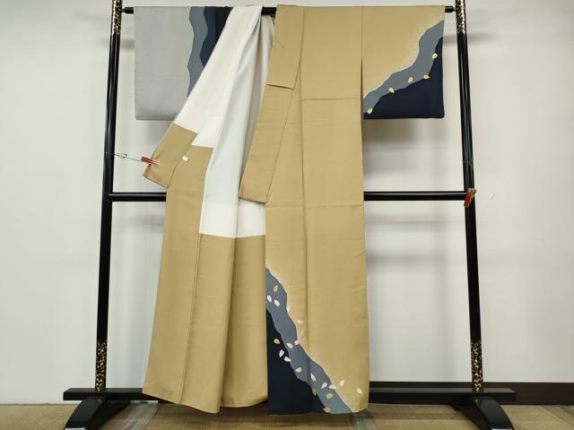 平和屋着物●訪問着　作家物　舞桜文　たたき染め　金通し地　正絹　逸品　CABG5356ut