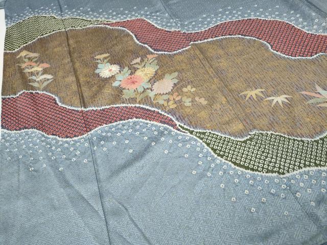 平和屋着物●訪問着　絞り　道長草花文　金彩　正絹　逸品　CABG5379ut