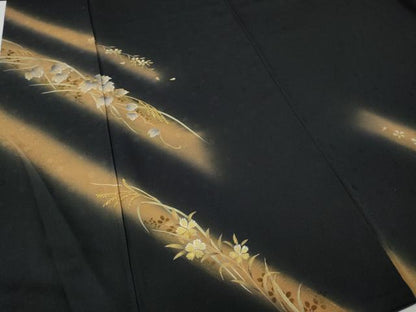 平和屋着物●訪問着　駒刺繍　蔦の葉花文　暈し染め　黒地　金彩　正絹　逸品　CABG5385ut