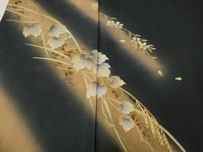 平和屋着物●訪問着　駒刺繍　蔦の葉花文　暈し染め　黒地　金彩　正絹　逸品　CABG5385ut