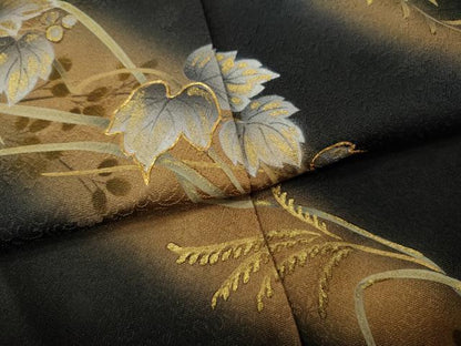 平和屋着物●訪問着　駒刺繍　蔦の葉花文　暈し染め　黒地　金彩　正絹　逸品　CABG5385ut