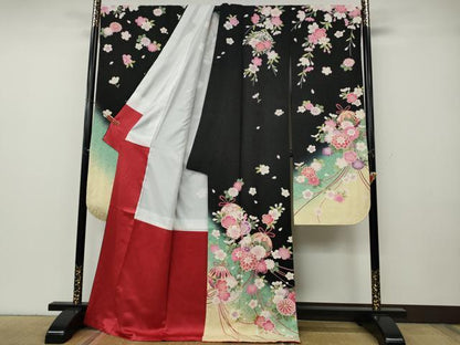 平和屋着物●豪華振袖　舞花鞠文　暈し染め　黒地　金通し地　正絹　逸品　CABG5392ut