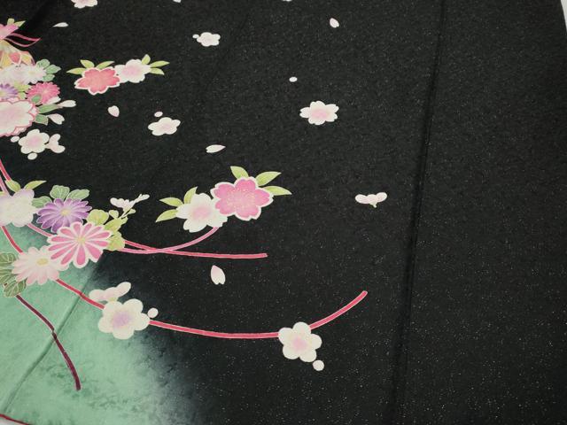 平和屋着物●豪華振袖　舞花鞠文　暈し染め　黒地　金通し地　正絹　逸品　CABG5394ut