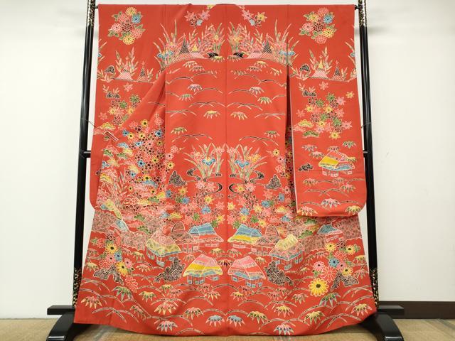 平和屋着物●豪華振袖　型染め　風景草花文　大丸扱い　正絹　逸品　CABG5397ut