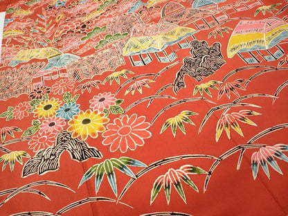平和屋着物●豪華振袖　型染め　風景草花文　大丸扱い　正絹　逸品　CABG5397ut