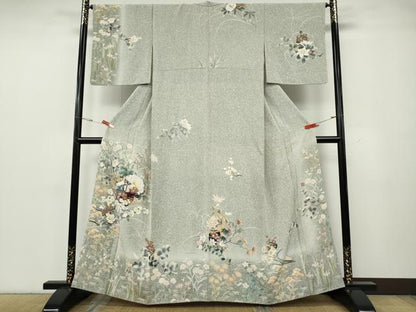 平和屋着物●訪問着　作家物　刺繍　茶道草花文　たたき染め　金彩　正絹　逸品　CABG5401ut