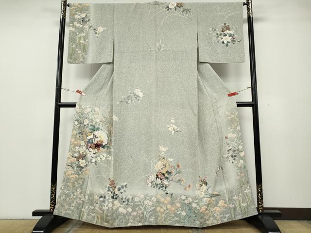 平和屋着物●訪問着　作家物　刺繍　茶道草花文　たたき染め　金彩　正絹　逸品　CABG5401ut