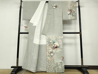 平和屋着物●訪問着　作家物　刺繍　茶道草花文　たたき染め　金彩　正絹　逸品　CABG5401ut