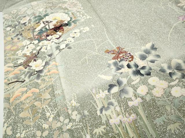 平和屋着物●訪問着　作家物　刺繍　茶道草花文　たたき染め　金彩　正絹　逸品　CABG5401ut