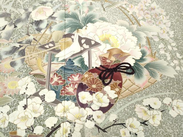 平和屋着物●訪問着　作家物　刺繍　茶道草花文　たたき染め　金彩　正絹　逸品　CABG5401ut