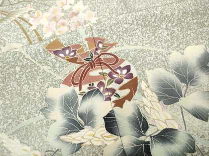 平和屋着物●訪問着　作家物　刺繍　茶道草花文　たたき染め　金彩　正絹　逸品　CABG5401ut