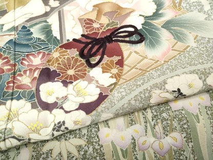 平和屋着物●訪問着　作家物　刺繍　茶道草花文　たたき染め　金彩　正絹　逸品　CABG5401ut