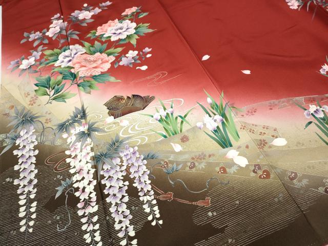 平和屋着物●豪華振袖　駒刺繍　鴛鴦草花文　暈し染め　金銀彩　さが美扱い　正絹　逸品　CABG5426ut