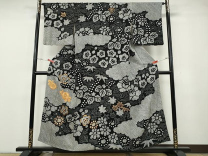 平和屋着物●訪問着　駒刺繍　絞り　雲取り草花文　黒地　正絹　逸品　CABG5432ut
