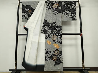 平和屋着物●訪問着　駒刺繍　絞り　雲取り草花文　黒地　正絹　逸品　CABG5432ut