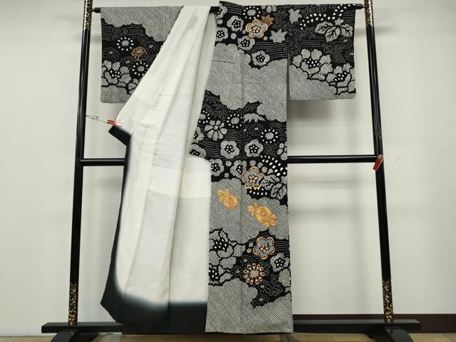平和屋着物●訪問着　駒刺繍　絞り　雲取り草花文　黒地　正絹　逸品　CABG5432ut
