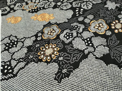 平和屋着物●訪問着　駒刺繍　絞り　雲取り草花文　黒地　正絹　逸品　CABG5432ut