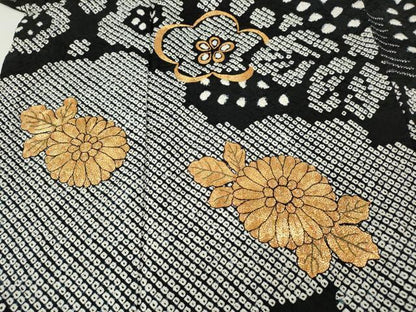 平和屋着物●訪問着　駒刺繍　絞り　雲取り草花文　黒地　正絹　逸品　CABG5432ut