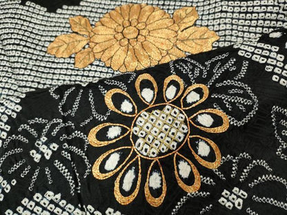平和屋着物●訪問着　駒刺繍　絞り　雲取り草花文　黒地　正絹　逸品　CABG5432ut