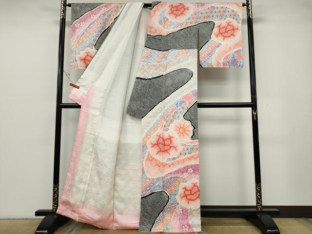 平和屋着物●名門　藤娘きぬたや・総絞り　訪問着　道長吉祥花文　黒地　正絹　逸品　CABG5435ut