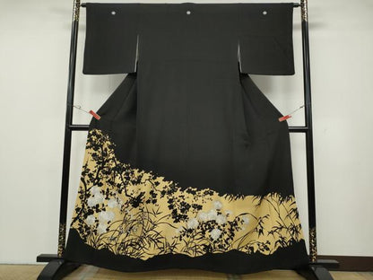平和屋着物●豪華黒留袖　刺繍　草花文　シルエット　金彩　正絹　逸品　CABG5453ut