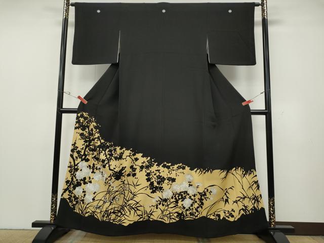 平和屋着物●豪華黒留袖　刺繍　草花文　シルエット　金彩　正絹　逸品　CABG5453ut